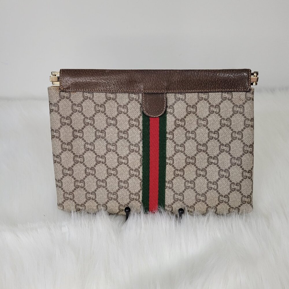 GUCCI PLUS VINTAGE CLUTCH Iconic Gucci Canvas Brown/Tan w Red/Green Stripe - Picture 4 of 10